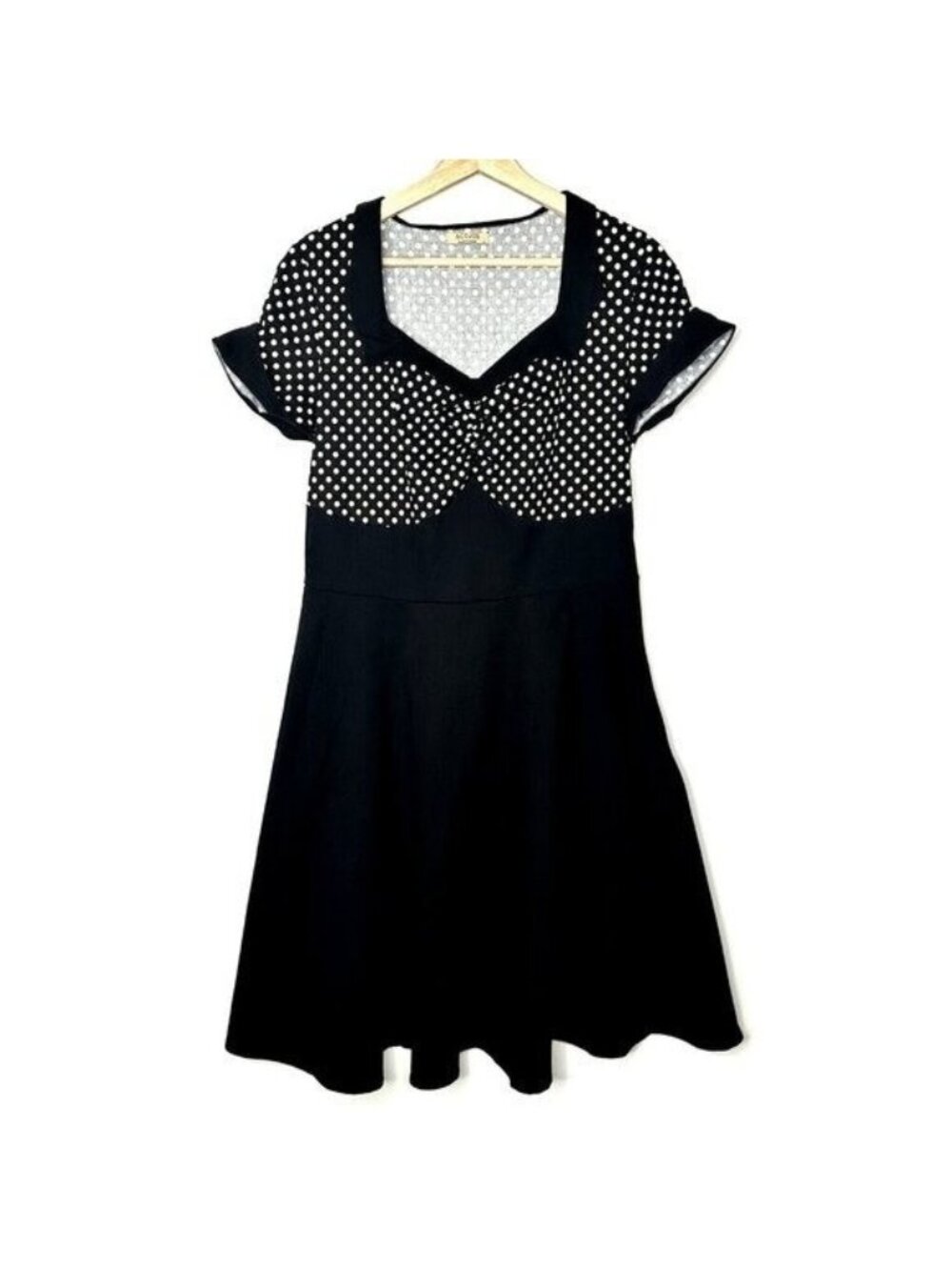 Acevog Womens Large Polka Dot Dress Black White Fit Flare V Neck Cap Sleeve Midi